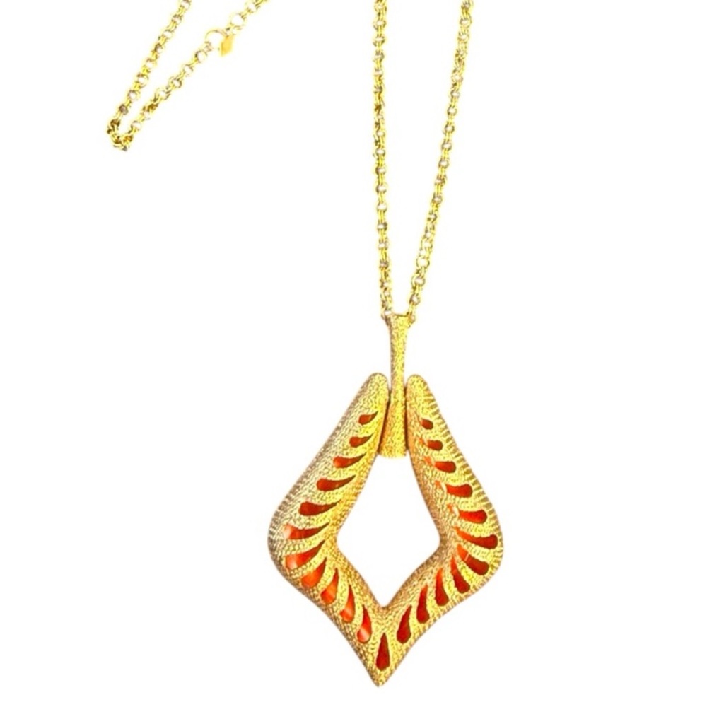 1970’s Vintage Sarah Coventry Bright Gold Pendant Necklace with Orange Back MOD